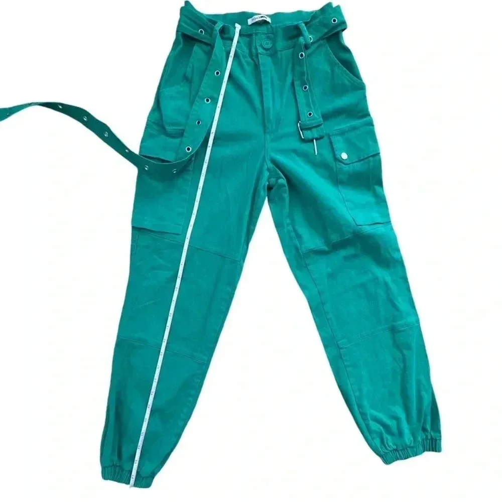 Cargo Green Pants with Belt, Pocket and Cropped/ Full Length High Waisted Jogger
